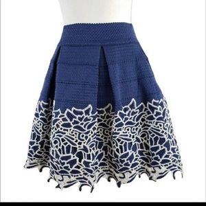 ALYA Blue Skirt, Midi, Blue & White Lace Trim, Size Medium